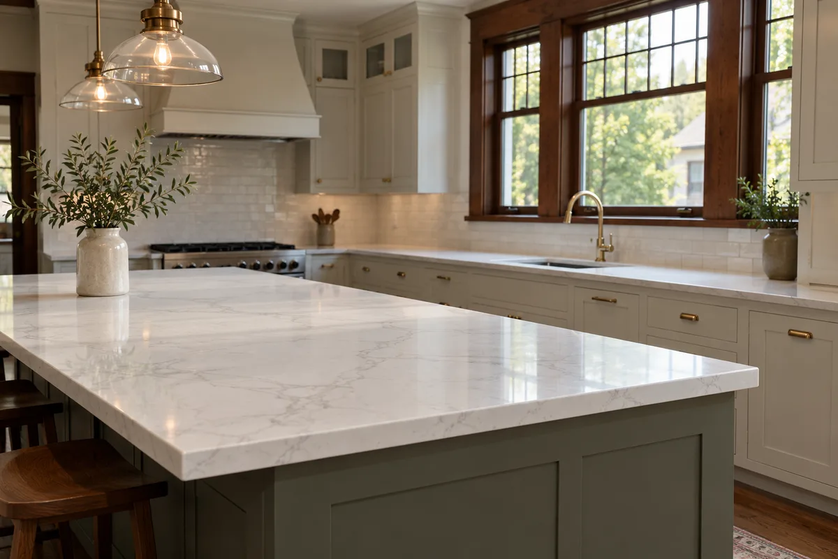 White quartz island top with soft grey veining in front of a sage-green cabinet base, with a window and gold faucet over the sink on the far wall