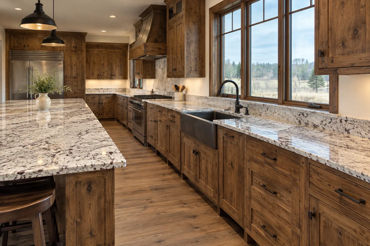 Long ranch kitchen with white granite counters flecked in burgundy, knotty wood cabinets, a farmhouse sink and a window over pasture