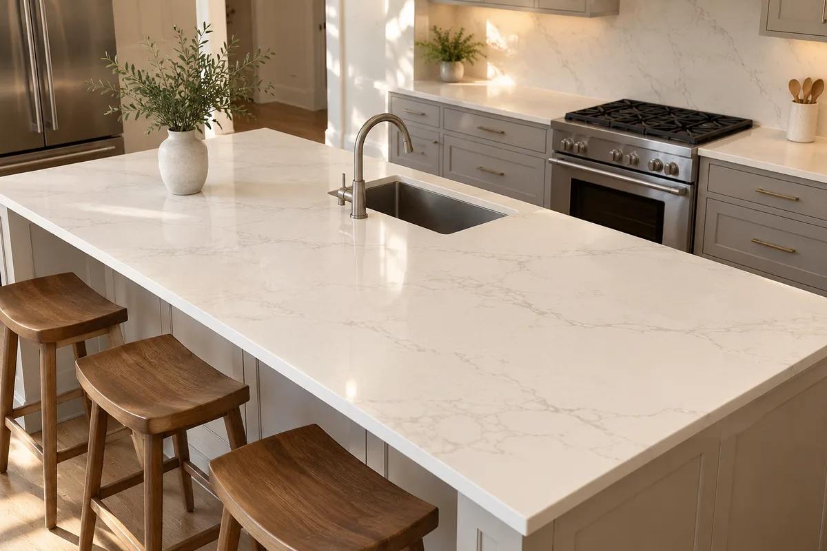 Warm white quartz island with an undermount sink and wood stools, grey cabinets and a range with a stone-look backsplash behind