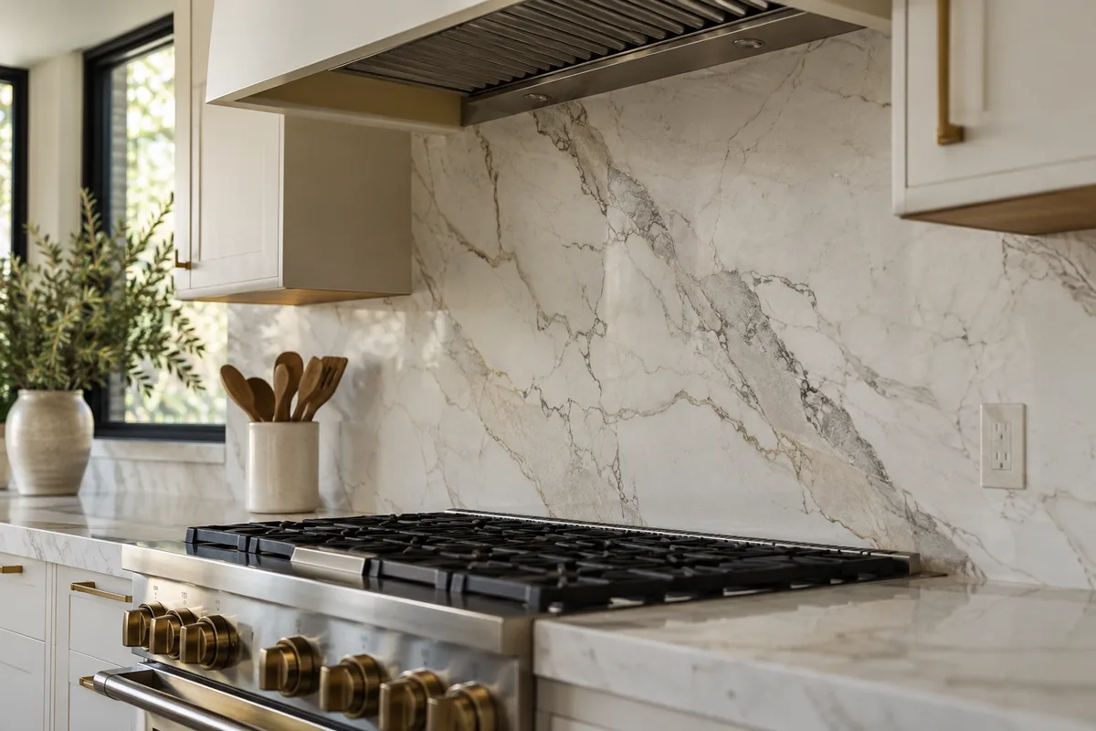 Full-height marble-look slab backsplash running from the counter to the range hood, with gas cooktop, brass knobs and an outlet