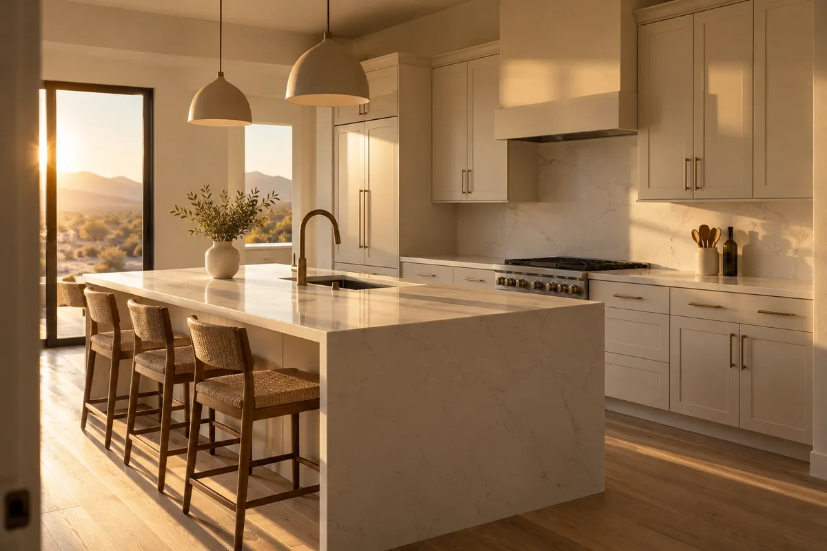 New kitchen with an island in cream quartz with a waterfall side, three woven stools, pendant lights and warm evening sun through the door