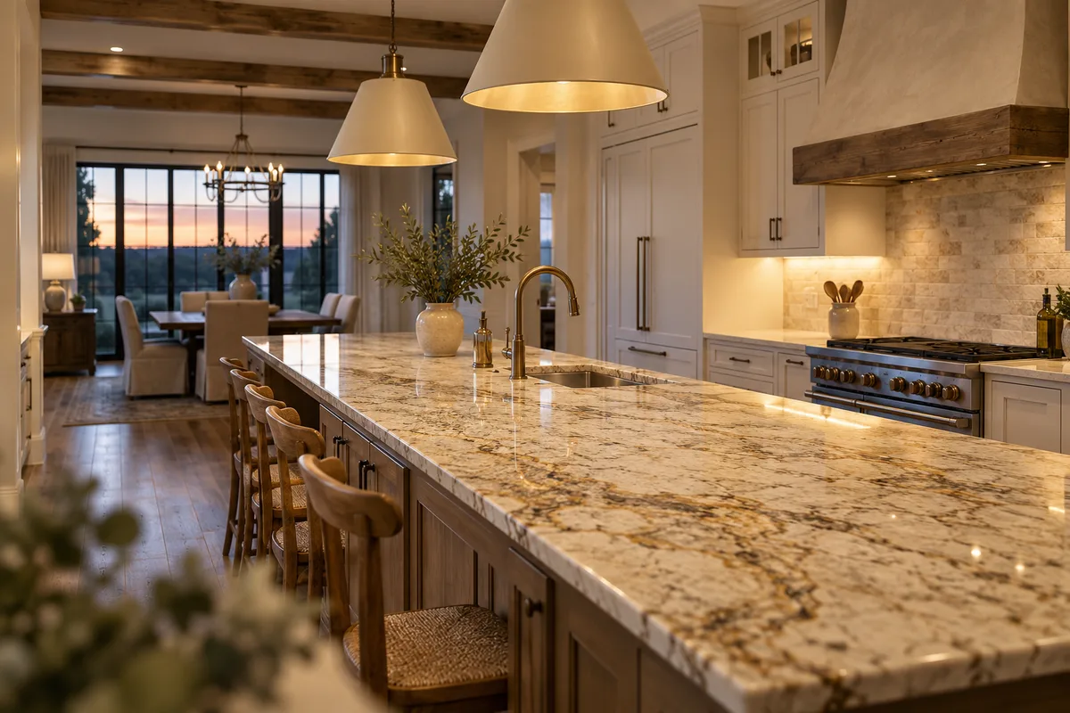 Cream granite island with gold and brown veining, a prep sink, woven stools and pendants, with a dining area and dusk view beyond