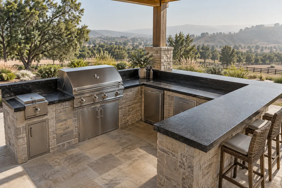 L-shaped outdoor counter in dark granite with a built-in grill, side burner and fridge, over a stone base with stools and hills beyond