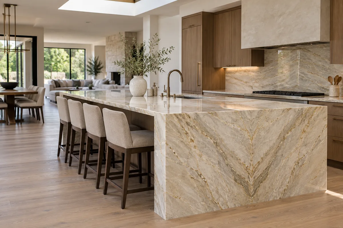 Quartzite island with mirrored chevron veining on its waterfall end, five upholstered stools and an open-plan living room behind