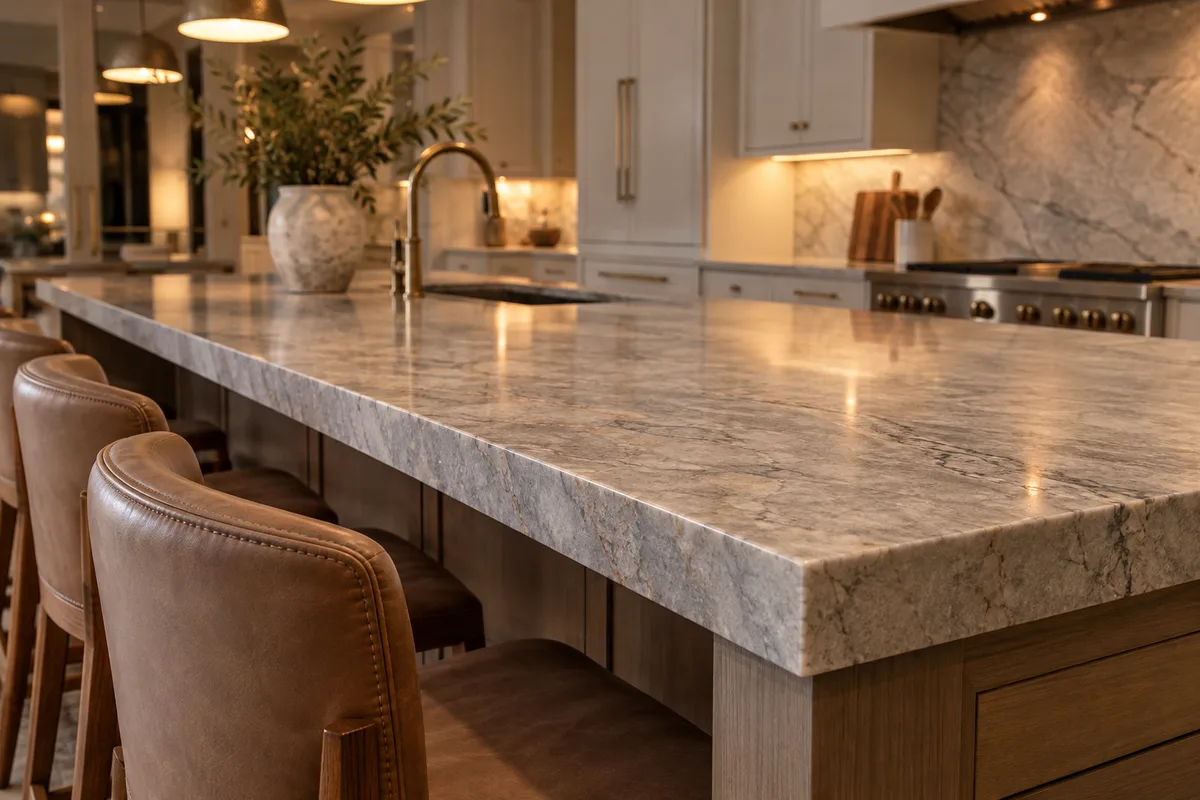 Close view along a grey and cream quartzite island edge with brown leather stools, a brass faucet and lit pendants behind
