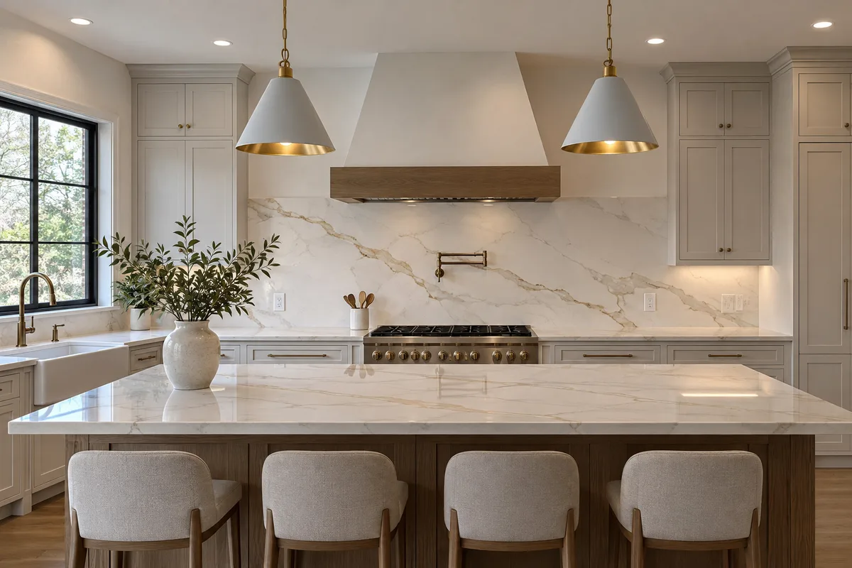 Island with a cream stone top and four stools in front of a single-slab marble-look range wall with a pot filler and two pendant lights