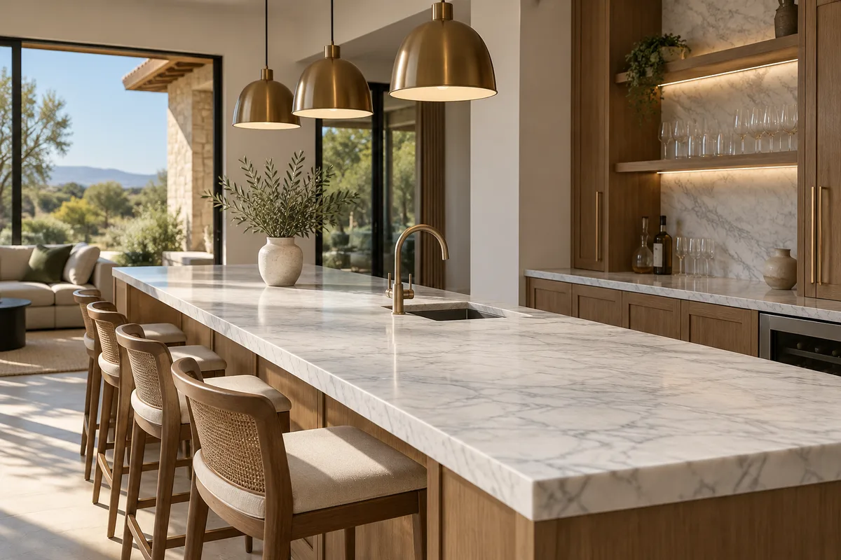 Pale marble-look island top with grey veining, a small sink, cane-back stools, brass pendants and a glass shelf of glasses behind