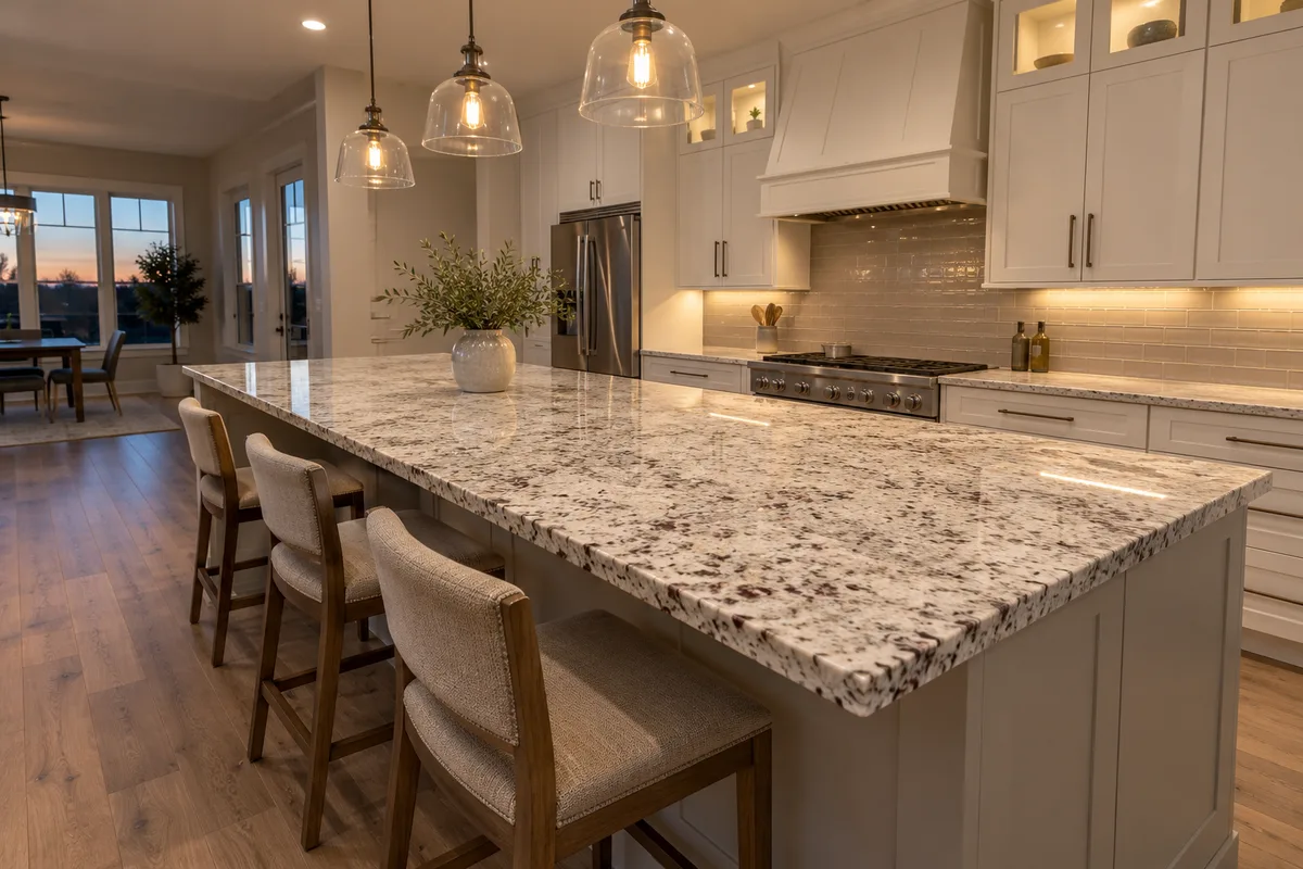 Speckled cream granite island top with a thick edge, three upholstered stools, glass pendant lights and a stainless range behind