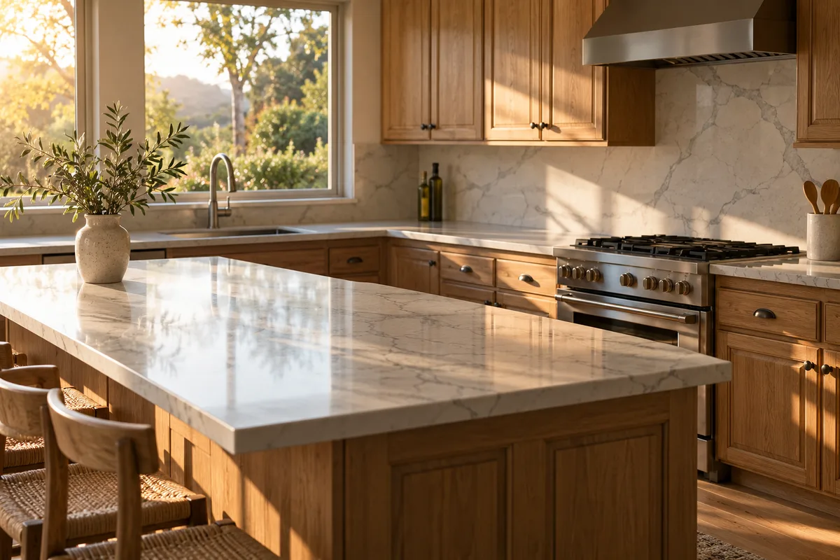 Grey-veined quartz island and perimeter counters with a stone backsplash, oak cabinets, a range and a window over the sink