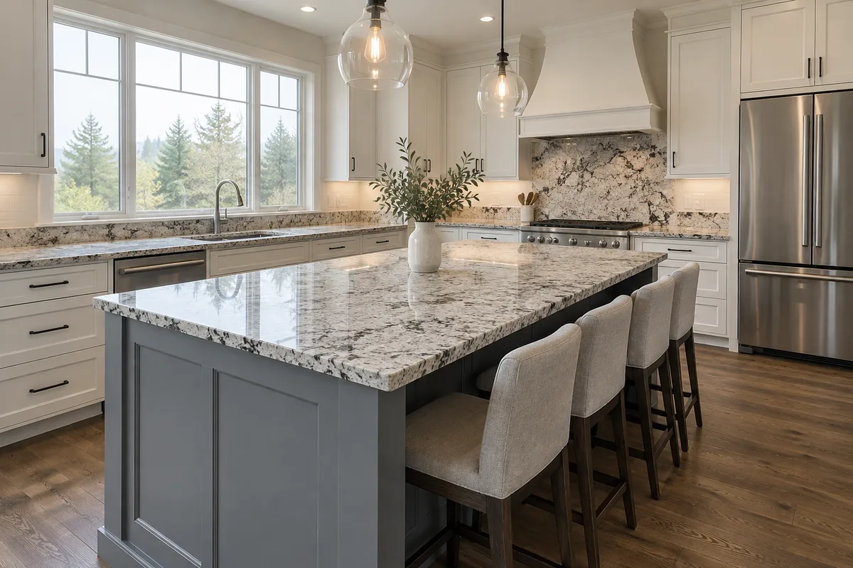 Speckled white and grey granite island with a grey base and four stools, matching granite counters, white cabinets and a stainless fridge