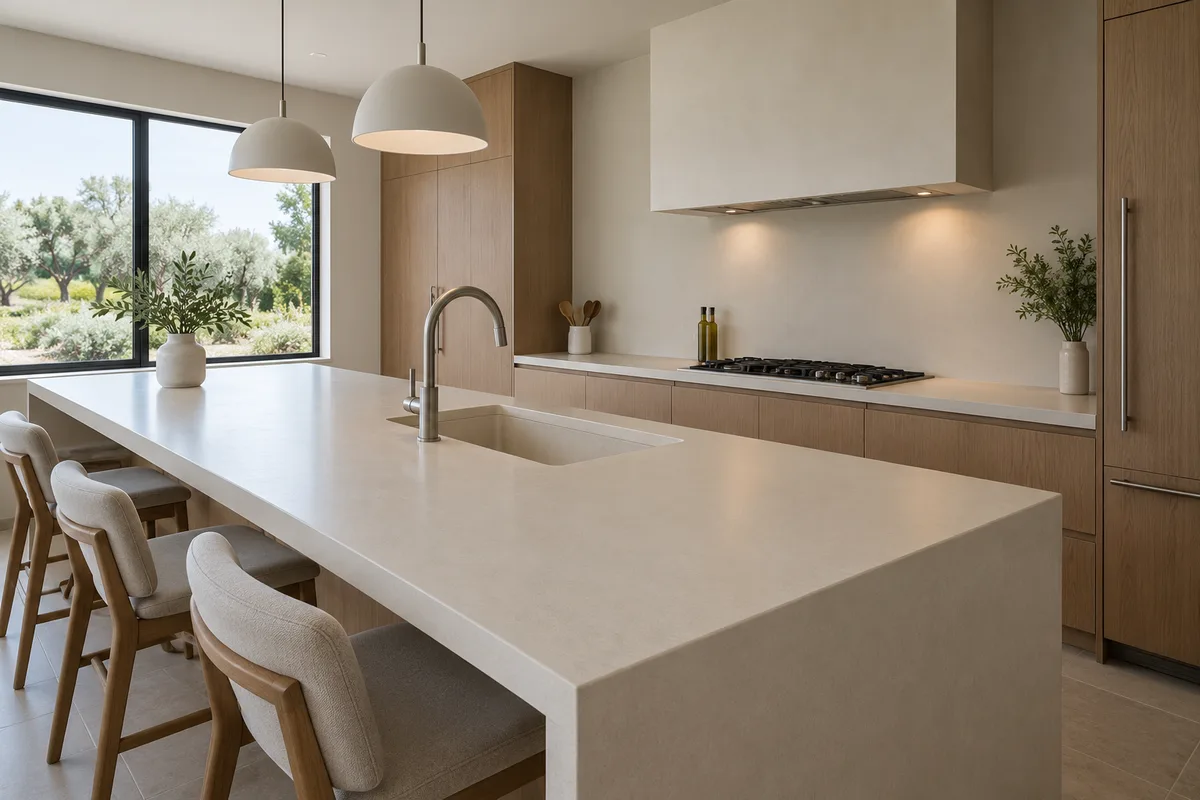 Smooth cream solid surface island with a seamless integrated sink, wood stools, pendants and light wood cabinets