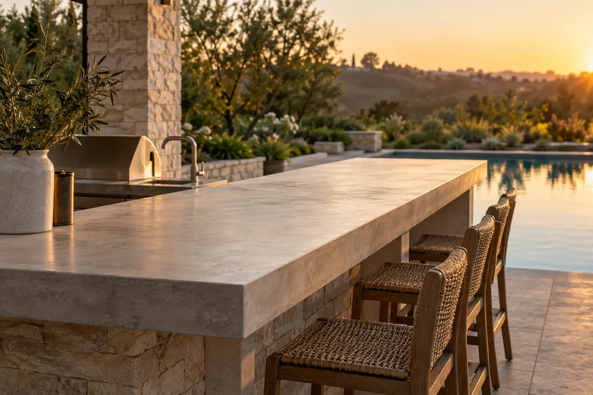 Pale grey concrete bar top over a stacked-stone base with woven stools, an outdoor grill and a pool at sunset