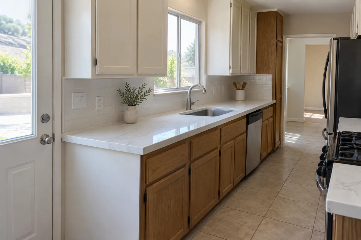 Galley kitchen with white quartz counters veined in soft grey, a stainless undermount sink, white tile backsplash and oak lower cabinets