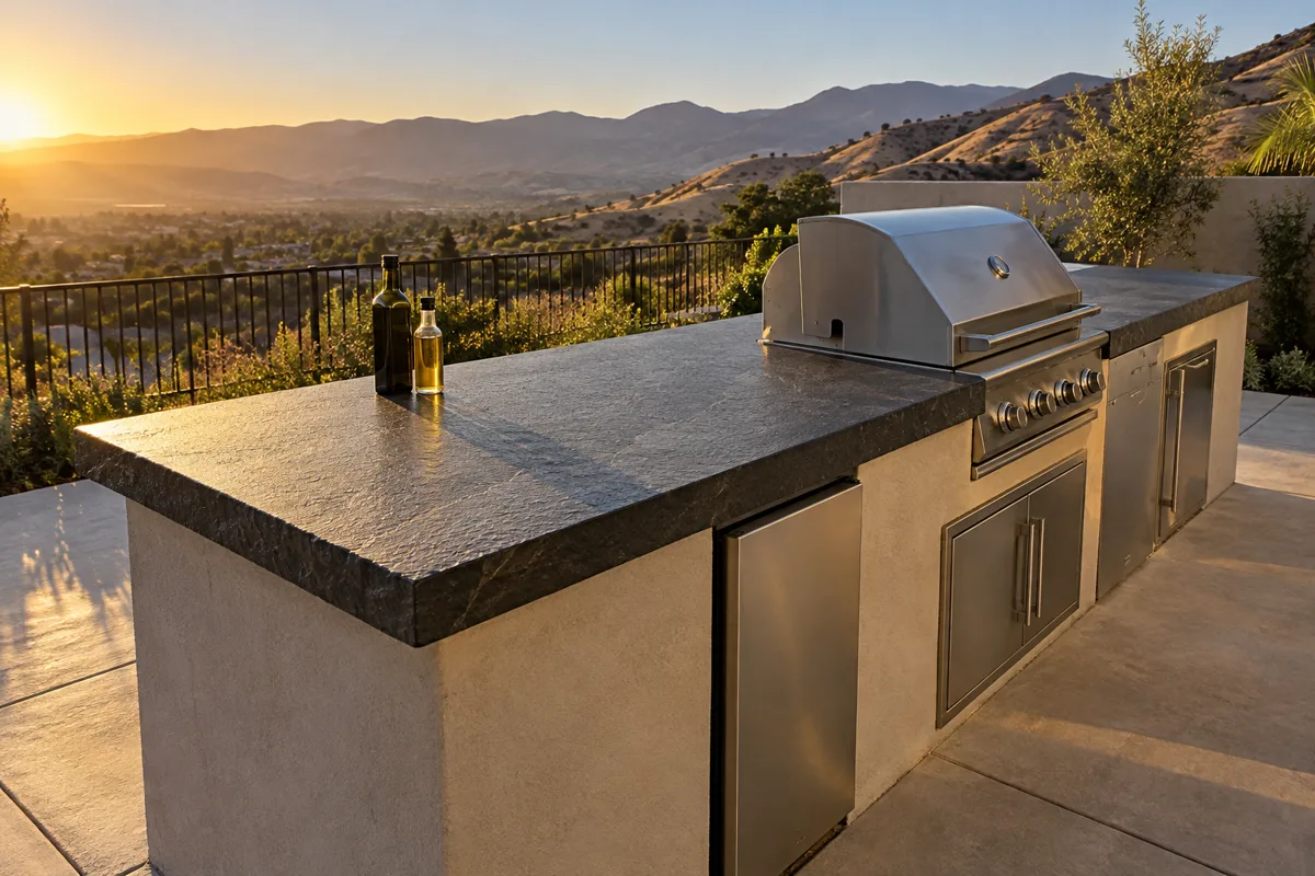 Patio grill island topped with textured black granite and a built-in stainless grill, with dry hills and a setting sun behind