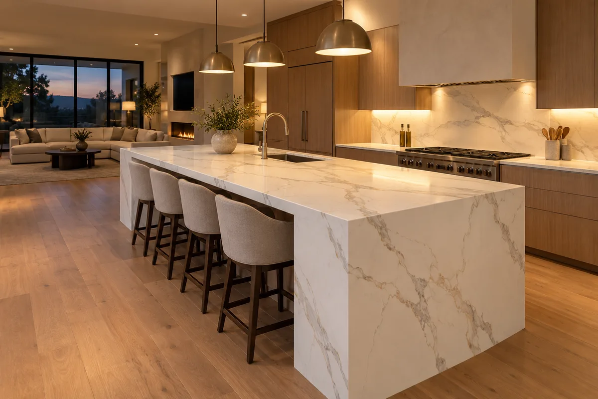 Calacatta-look quartz island with a waterfall end dropping to the oak floor, four stools, pendant lights and an open living room beyond