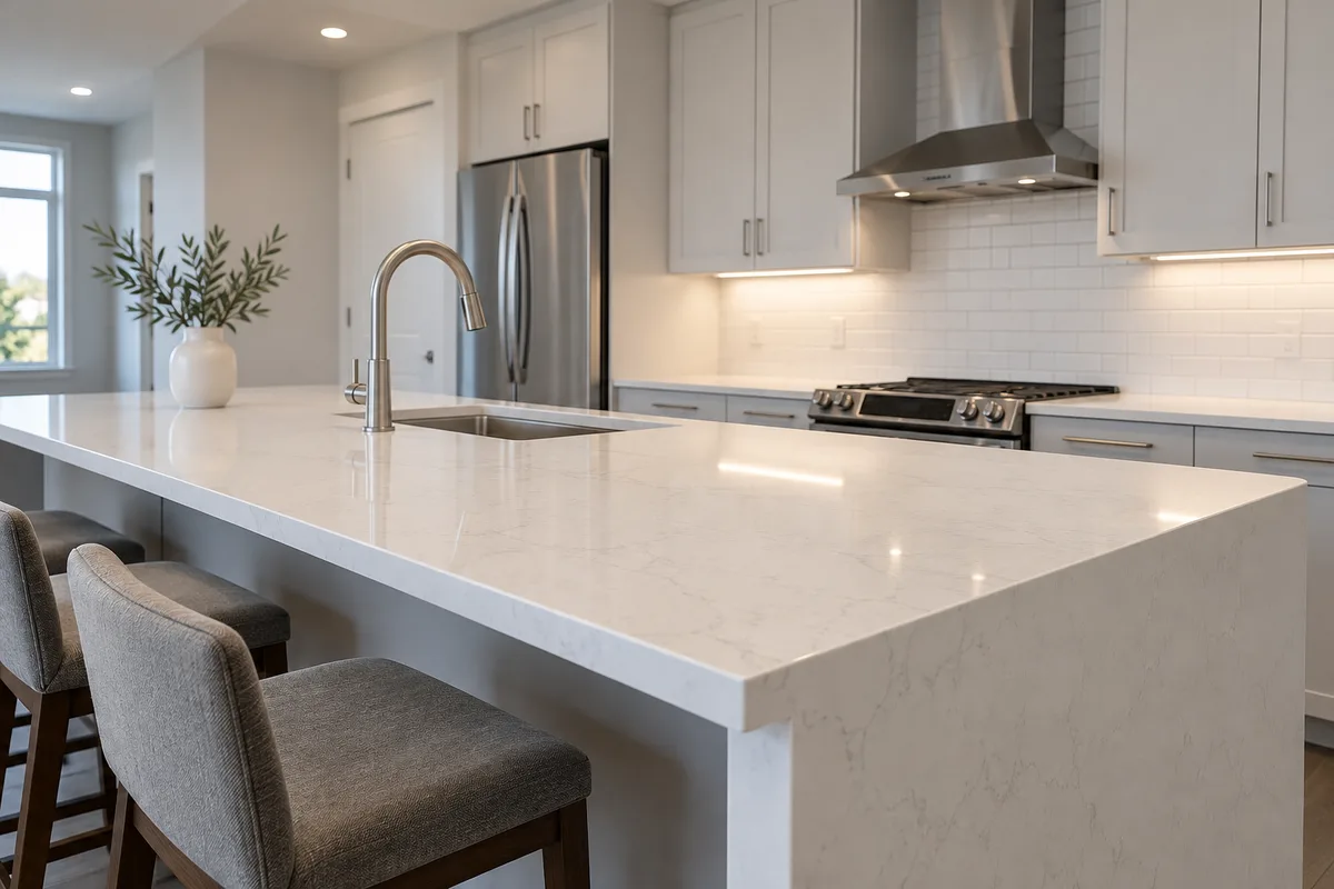 White quartz counter with an undermount sink and a waterfall end, grey stools, stainless range and white subway tile in a bright kitchen