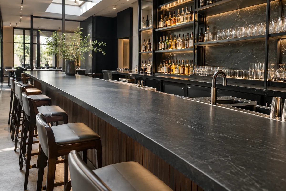 Honed black granite bar top with a bar sink, leather stools and a lit back-bar shelf of bottles and glasses