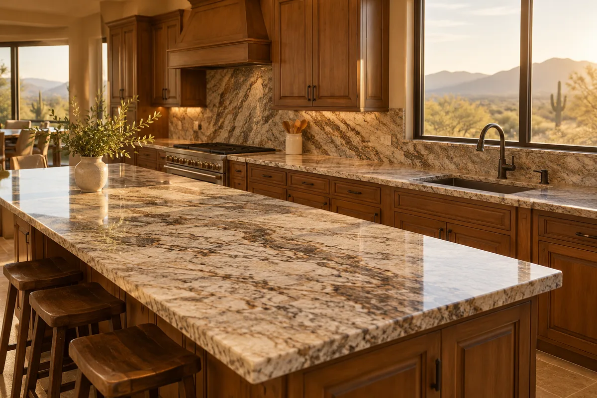 Brown, taupe and cream granite island with matching granite backsplash, wood cabinets, stools and a desert mountain view through the window