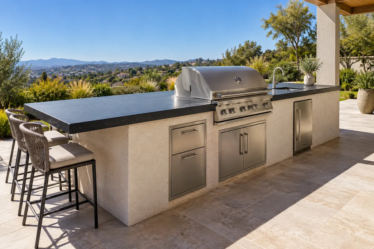 Long stucco BBQ island with a dark leathered granite top, stainless grill and drawers, bar stools and a hillside view on a patio