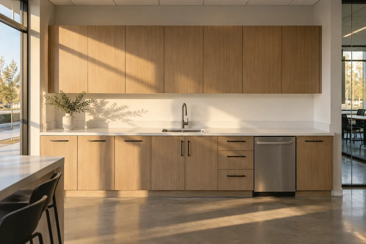Break room with a white quartz counter and sink, light wood upper and lower cabinets, a dishwasher and a polished concrete floor
