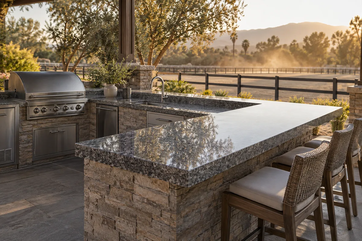 L-shaped outdoor kitchen with a polished grey granite top over a stacked-stone base, stainless grill and wicker stools beside a ranch fence