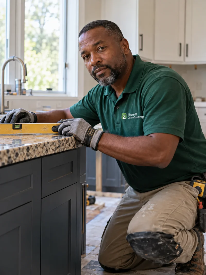 Man with a grey beard in a green company polo and work gloves kneeling to check a granite countertop with a level on dark cabinets