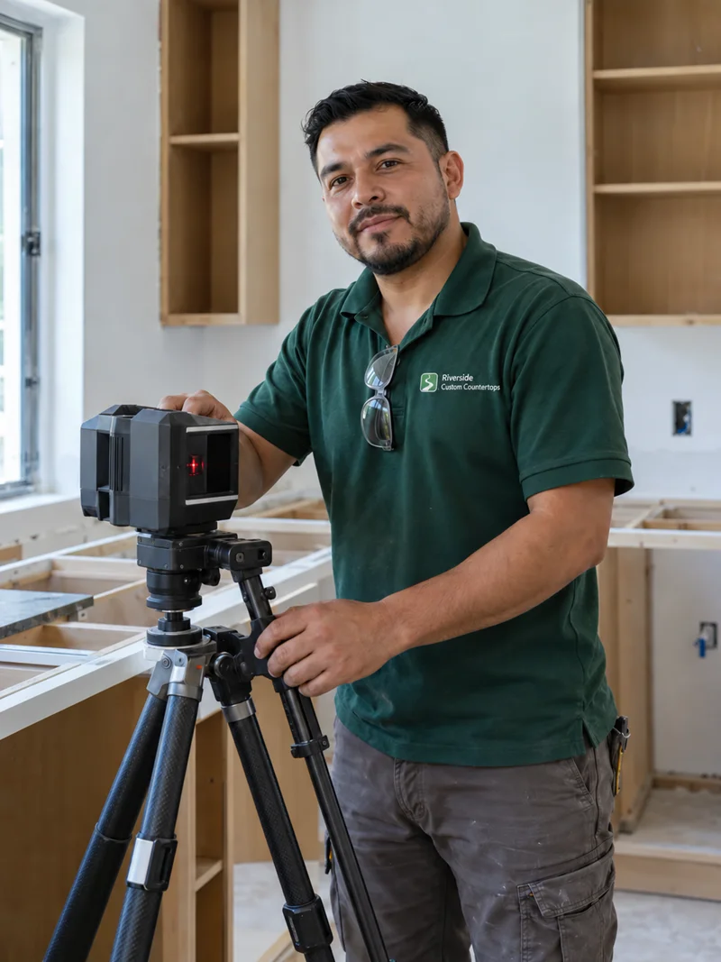 Man with a short beard in a green company polo, safety glasses on his collar, with a laser templating unit on a tripod over bare cabinets