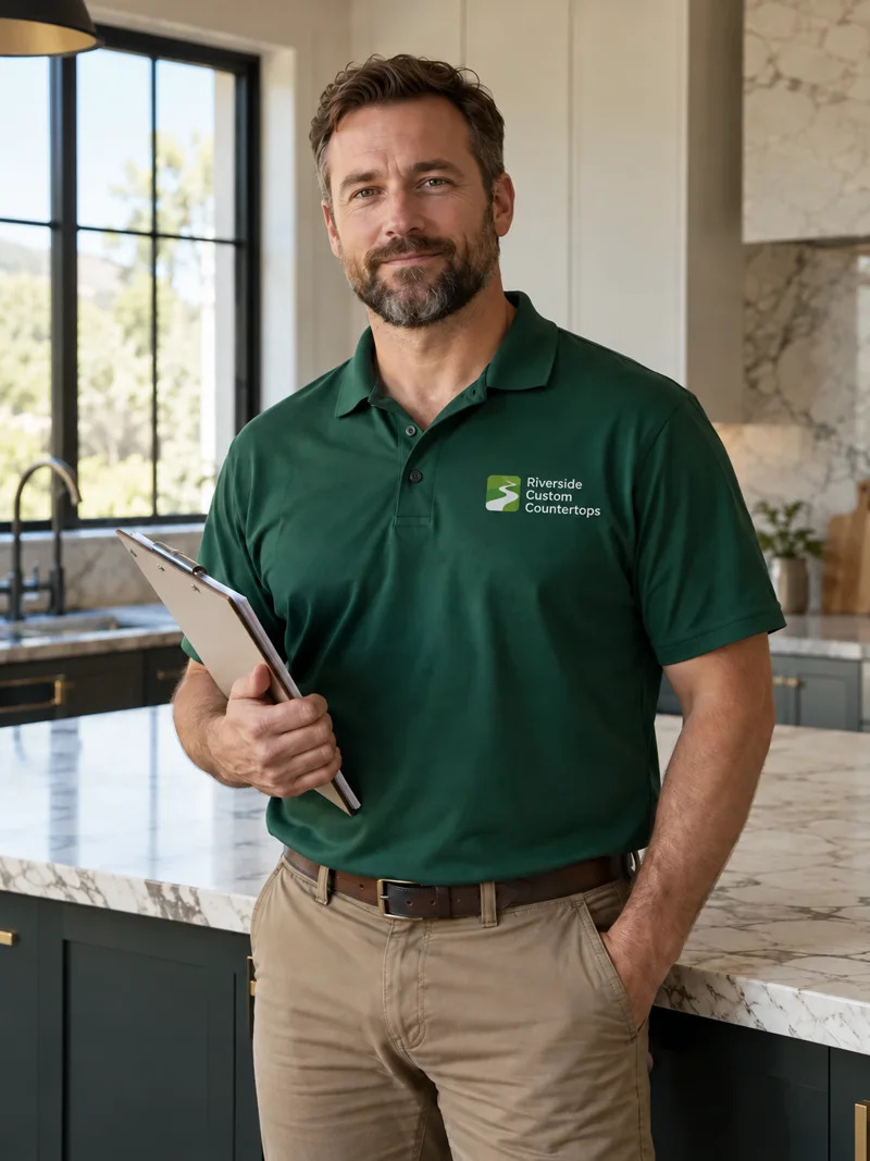 Bearded man in a green company polo and khakis holding a clipboard beside a marble-topped island in a finished kitchen