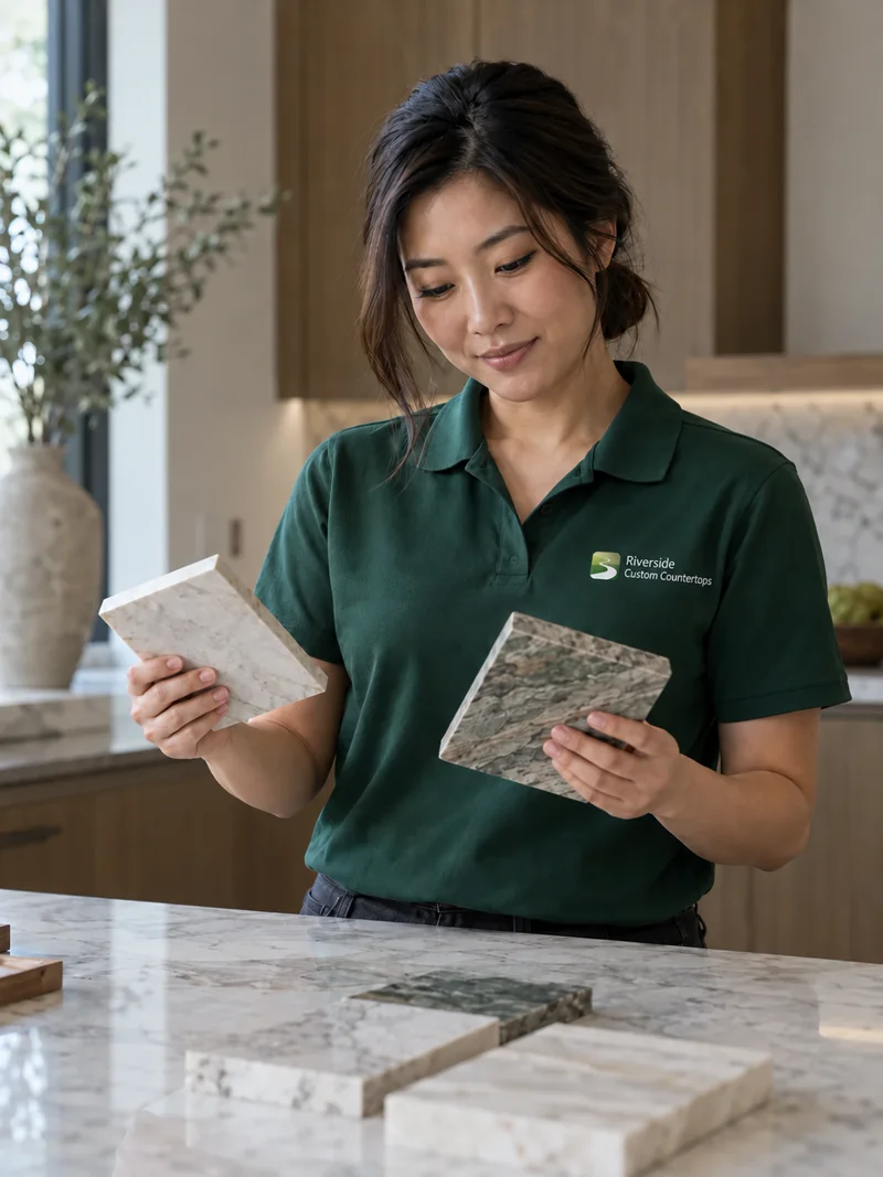 Woman with her hair up in a green company polo holding two stone sample chips at a kitchen island with more samples on it
