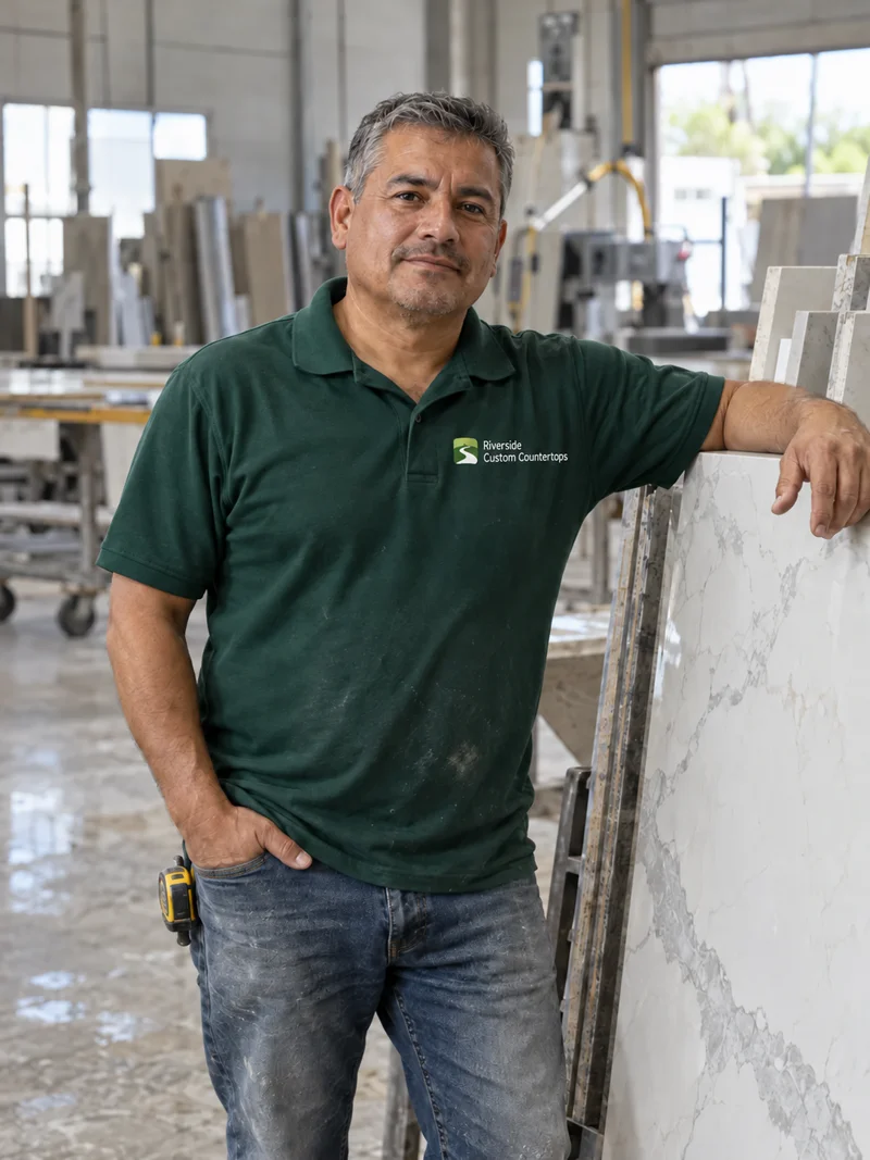 Man with short greying hair in a green company polo leaning on a marble slab on a rack in a stone fabrication shop