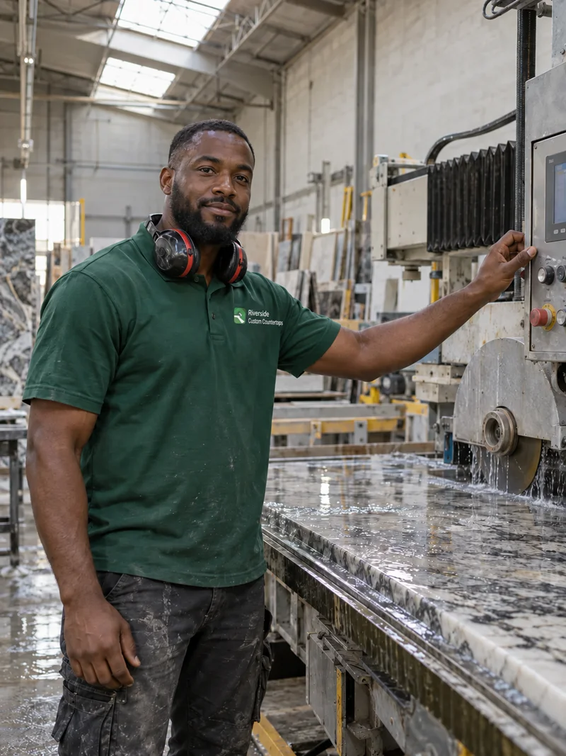 Bearded man in a green company polo with ear protection round his neck beside a stone bridge saw cutting a wet granite slab