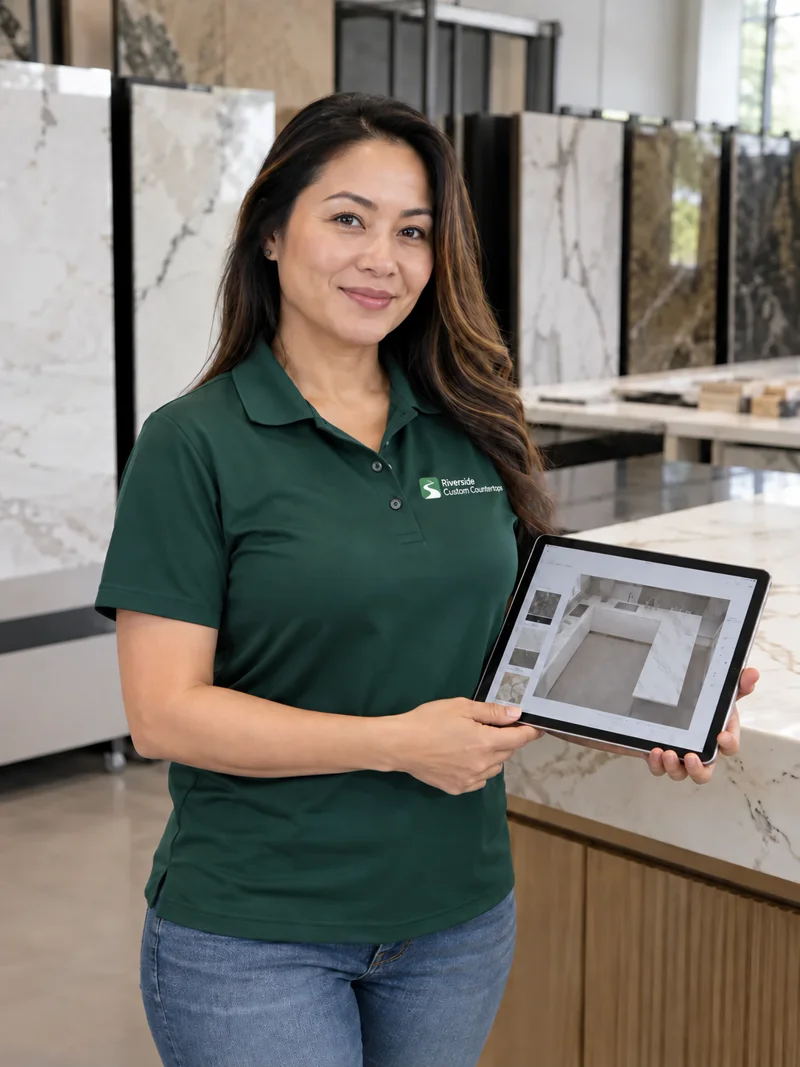 Woman with long dark hair in a green company polo holding a tablet with a kitchen layout in a slab showroom